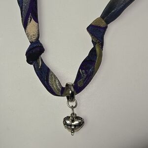Purple and Gold Patterned Silk-Style Knot Scarf Necklace with Silver Heart Charm